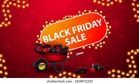 Black Friday Sale, red horizontal discount banner with wheelbarrow full of presents, large volume header and garland frame. Red discount coupon for website