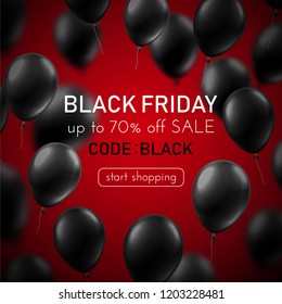 Black friday sale red promotion poster with black balloons. Special price up to 70% off, start shopping. Vector background. 