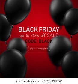 Black friday sale red promotion poster with black 3d balloons. Special offer up to 70% off, start shopping. Vector background. 
