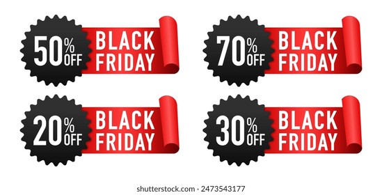 Black friday sale red ribbons. Sticker tag ribbon icon, label icon. Special discount offer design. Product discount festival. Vector illustration