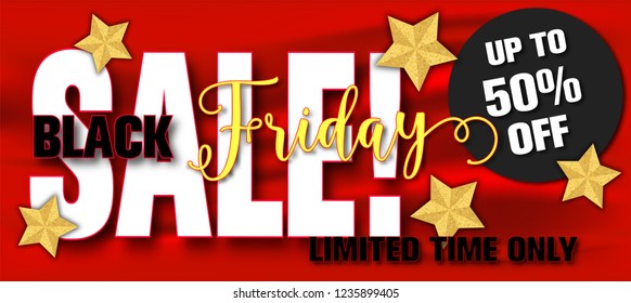 Black Friday Sale.on Red Satin Silky Cloth Fabric Textile Drape with Crease 
Wavy Folds background.Gold star Gold glitter texture.design for poster,banner, vector.illustration