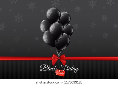 Black Friday Sale red tag banner vector design with balloons,bow and ribbon shiny,snowflakes background,for your business website.