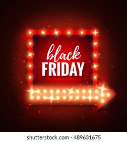Black Friday sale retro light frame with arrow glowing bulbs. Vector background design template for sale and discount, business, advertisement, promotion, brochure, banner, presentation.