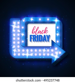 Black Friday sale retro light frame with arrow glowing bulbs. Vector background design template for sale and discount, business, advertisement, promotion, brochure, banner, presentation.