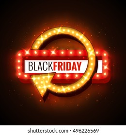 Black Friday sale retro light frame with arrow glowing bulbs. Vector background design template for sale and discount, business, advertisement, promotion, brochure, banner, presentation.