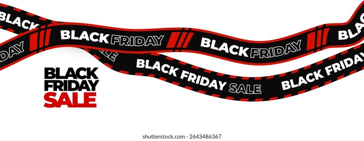 Black Friday sale ribbon with bold text and red stripe details. Great for digital product ads, ecommerce banners, online store UI, promo content, price discount campaigns. Vector illustration.
