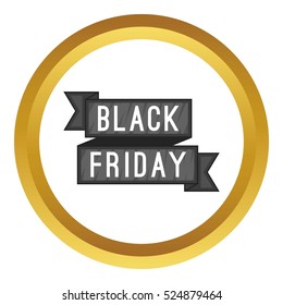 Black Friday sale ribbon vector icon in golden circle, cartoon style isolated on white background