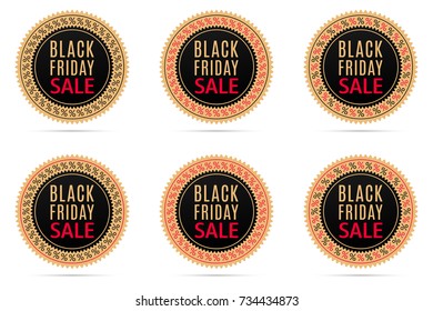 Black Friday Sale. Round Banner with Advertising of Black Friday Day with black, gold and red color. Vector Colorful Sale Sticker, isolated