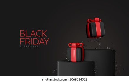 Black Friday sale. Round dark podiums, studio stands, realistic 3d gift boxes falling. Festive background, banner with present box red bow, holiday web poster. Vector illustration