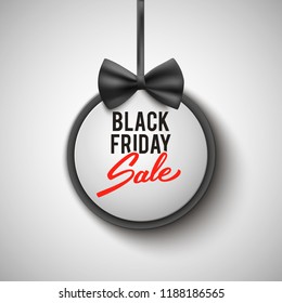 Black friday sale round decorative banner with bow advertisement, vector illustration