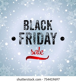 Black Friday sale scratched design inscription banner. Winter card, snow, snowflakes, frost. Vector illustration on blue winter background