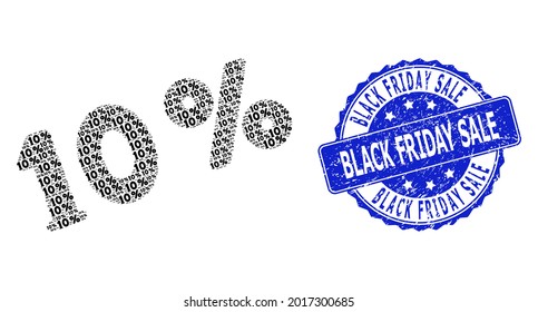 Black Friday Sale scratched round seal print and vector recursive collage 10 percents. Blue seal includes Black Friday Sale caption inside round shape.
