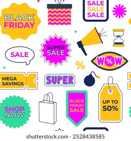 Viernes Negro venta sin patrón. Campaña publicitaria. Temporada de ventas calientes. Pegatinas geométricas, etiquetas, insignias, etiquetas. Concepto de descuento y promoción. Vector de fondo, Fondo de pantalla.