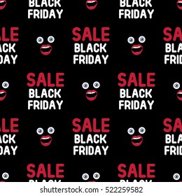 Black Friday sale. Seamless pattern. Illustration sell emotions: shock face, expression, surprise, joy, mouth open,wondering eyes.The element draws attention to advertising.Vector isolated on a black.
