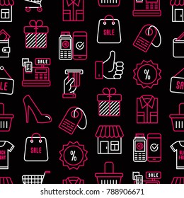 Black friday sale seamless pattern with thin line icons: store, shopping cart, wallet, credit card, payment, thumbs up, badge, special offer. Modern vector illustration.