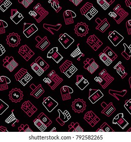 Black friday sale seamless pattern with thin line icons: store, shopping cart, wallet, credit card, payment, thumbs up, badge, special offer. Modern vector illustration.
