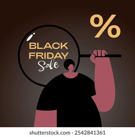 Black Friday Sale Search. Text Luxury banner with gold effect and Girl. Fashion advertising banner, card and poster design for Discount commercial event. Flat Vector illustration.