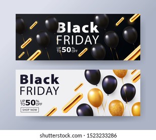 Black Friday Sale set of banners, posters, flyers, design with balloons and 3d geometric dynamic golden shapes. Trendy design template for advertisement, social and fashion ads. Vector illustration