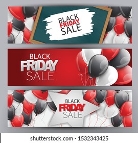 Black Friday Sale set of banners. Shiny helium balloons and typography text. Vector illustration.