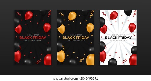 Black Friday Sale. set of banners, posters or flyers with balloons and confetti. Vector illustration.