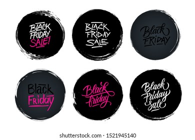 Black Friday Sale set with circle brush stroke backgrounds and hand drawn lettering for business, black friday shopping, sale promotion, commerce and advertising. Vector illustration.