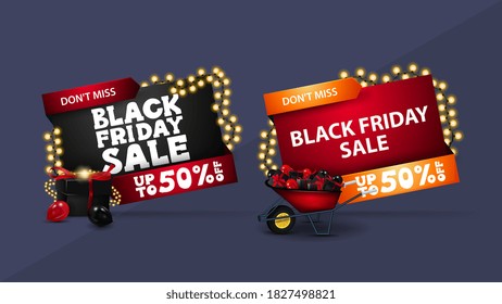Black Friday sale, set of discount 3D banner in geometrical shapes with 3D icons