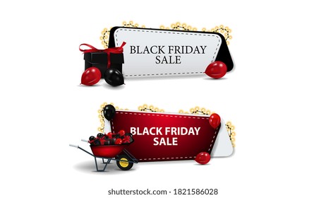 Black Friday Sale, set of discounts coupons isolated on white background. Discount coupons with presents and wheel barrow with presents