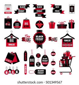 Black friday sale set in flat style isolated on white background. Vector illustration. Black friday design elements. Labels, tags, icons and banners for discount, retail, sales.