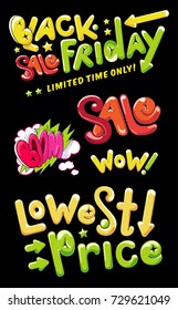Black Friday, Sale. Set of hand drawn lettering design on black background.