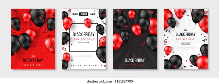 Black Friday Sale set of posters or flyers design with balloons and confetti. Vector illustration. Place for text.