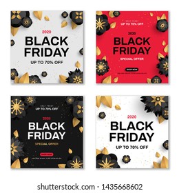 Black Friday Sale set of posters or cards design with flowers and confetti. Vector illustration. Place for text.