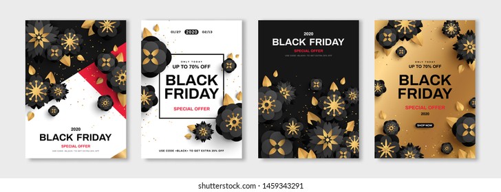 Black Friday Sale set of posters or flyers design with flowers and confetti. Vector illustration. Place for text.