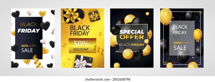 Black Friday Sale set of posters or flyers design with balloons and confetti. Black Friday cover design. Sale discount prices announcement brochure layout. Vector illustration with realistic elements.