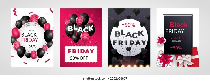 Black Friday Sale set of posters or flyers design with balloons and confetti. Black Friday cover design. Sale discount prices announcement brochure layout. Vector illustration with realistic elements.