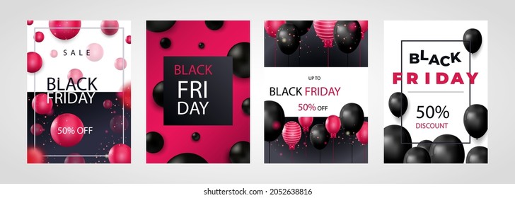 Black Friday Sale set of posters or flyers design with balloons and confetti. Black Friday cover design. Sale discount prices announcement brochure layout. Vector illustration with realistic elements.