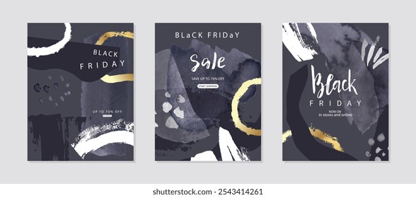 Venta de viernes negro conjunto de tarjetas promocionales con texturas grunge, pinceladas, pintura de acuarela. Anuncios elegantes para eventos comerciales, descuentos, compras de viernes negro, material promocional, venta, pr