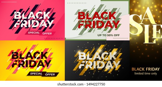 Black friday sale. Set of vector banners. Social media web banner for shopping, sale, product promotion. Template in a fashionable style. Dark blue dynamic lines on red background. Vector illustration