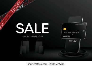 Black Friday Sale. Shelf and podium black gifts boxes Dark. vector illustration and background black