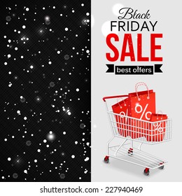 Black friday sale shining typographical background with shopping cart and place for text. Vector illustration.