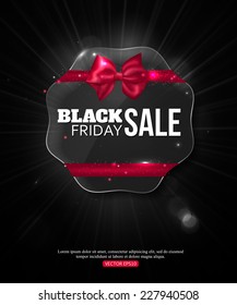Black friday sale shining typographical background with glossy glass frame and place for text. Vector illustration.