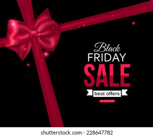 Black friday sale shining typographical background with photorealistic pink bow and place for text. Vector illustration.