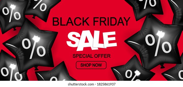 Black Friday Sale, shop now, discount banner with  balloons for your website.