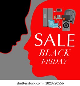 Black Friday Sale shopping background with text and illustrations of electronic and furniture, Offer and Promotion on eve of Merry Christmas concepts.