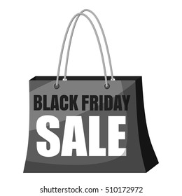 Black Friday Sale shopping bag icon. Gray monochrome illustration of shopping bag vector icon for web