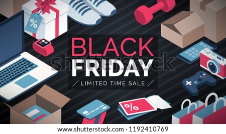 Black friday sale shopping banner with products and cardboard boxes