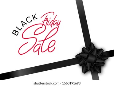 Black Friday sale for shopping card design template. Dark tied a bow with ribbon on a white background. Advertising sign. Graphic element. Market special offer discount. Vector illustration.