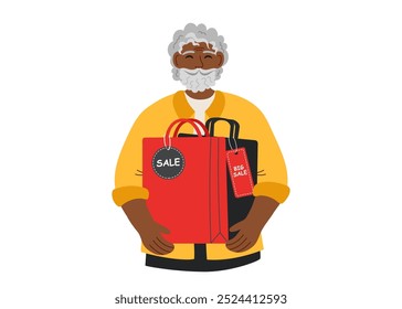 Black friday sale and shopping concept. Elderly man with shopping bags isolated on white. Bkack Friday character.