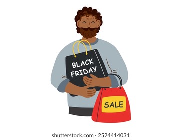 Black friday sale and shopping concept. Man holding shopping bags isolated on white. Black Friday character.