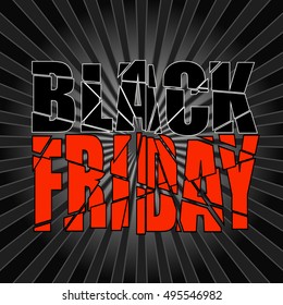 Black Friday sale and shopping discounts. Destroyed text on background  with rays. Advertising banner. Black and red header. Element for design. Vector illustration