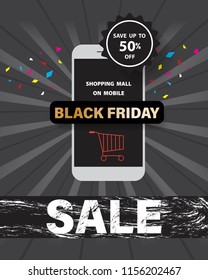 Black friday sale with shopping mall on mobile online at discount up to 50% off,vector illustration design.
